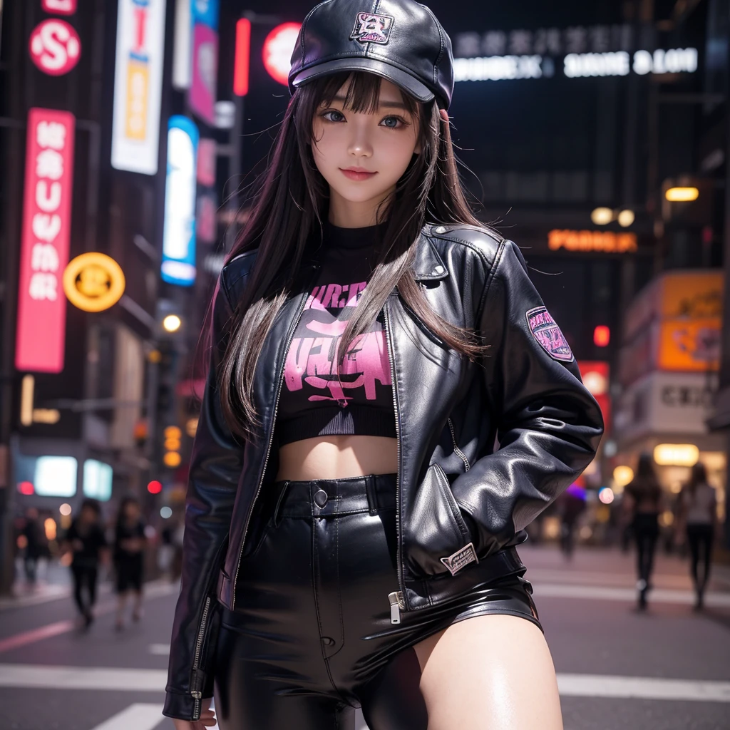 Perfect Face、Best Quality,smile,middle School girls,Long Hair,8K,Horny girl,Naughty Girls,Cyberpunk Girl,Leather pants,blue eyes,She has her bangs down,Purple Leather Jacket,Wearing a cap hat,I have my hands in my pockets,Smooth hair,model,Gravure idol,pink leather shorts,Sukajan、Beautiful and pretty girl,Ultra detailed face,Big Breasts,Beautiful girls,Perfect Face,Shibuya Background