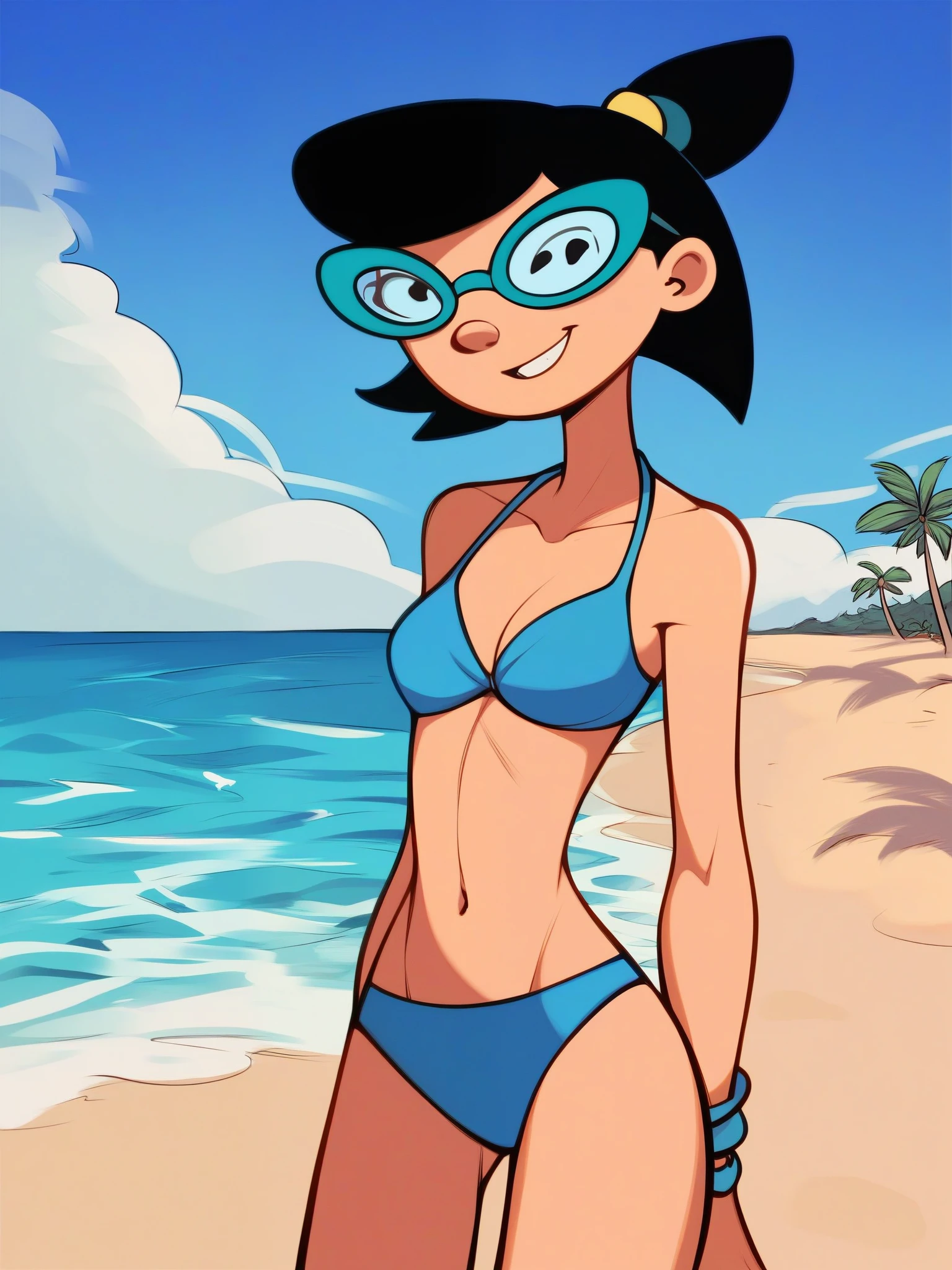 score_8, score_9, phoebe, 1 girl, phoebe, black hair, glasses, blue bikini, black hair, short hair, glasses, on beach, palms, ocean, summer sunshine, posing, smiling,
