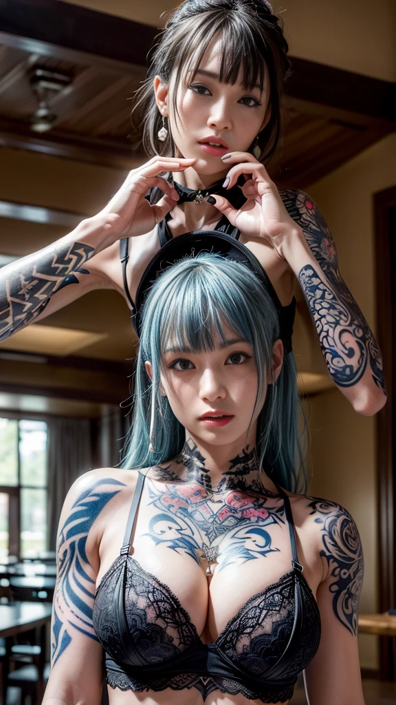Browsing Caution、Cowboy Shot、Earrings、A girl wearing a dark grey tank top、Blue hair、Two-tone hair, Cool brown eyes, Sulky look、Abdominal muscles、(Lingerie with detailed design)、((blunt bangs))、The background is the roof of the building、((((Lots of tattoos))))、(Super big boobs)、((Underbust))、((Delicate painting)),(Detailed RAW photos of girls), (Masterpiece:1.25), (highest quality:1.6), (Ultra-high resolution:1.5), (Photorealistic:1.75), 8K resolution,:1.6), Canon EOS R5, 50mm, Confused, Very detailed,Cinema Lighting、