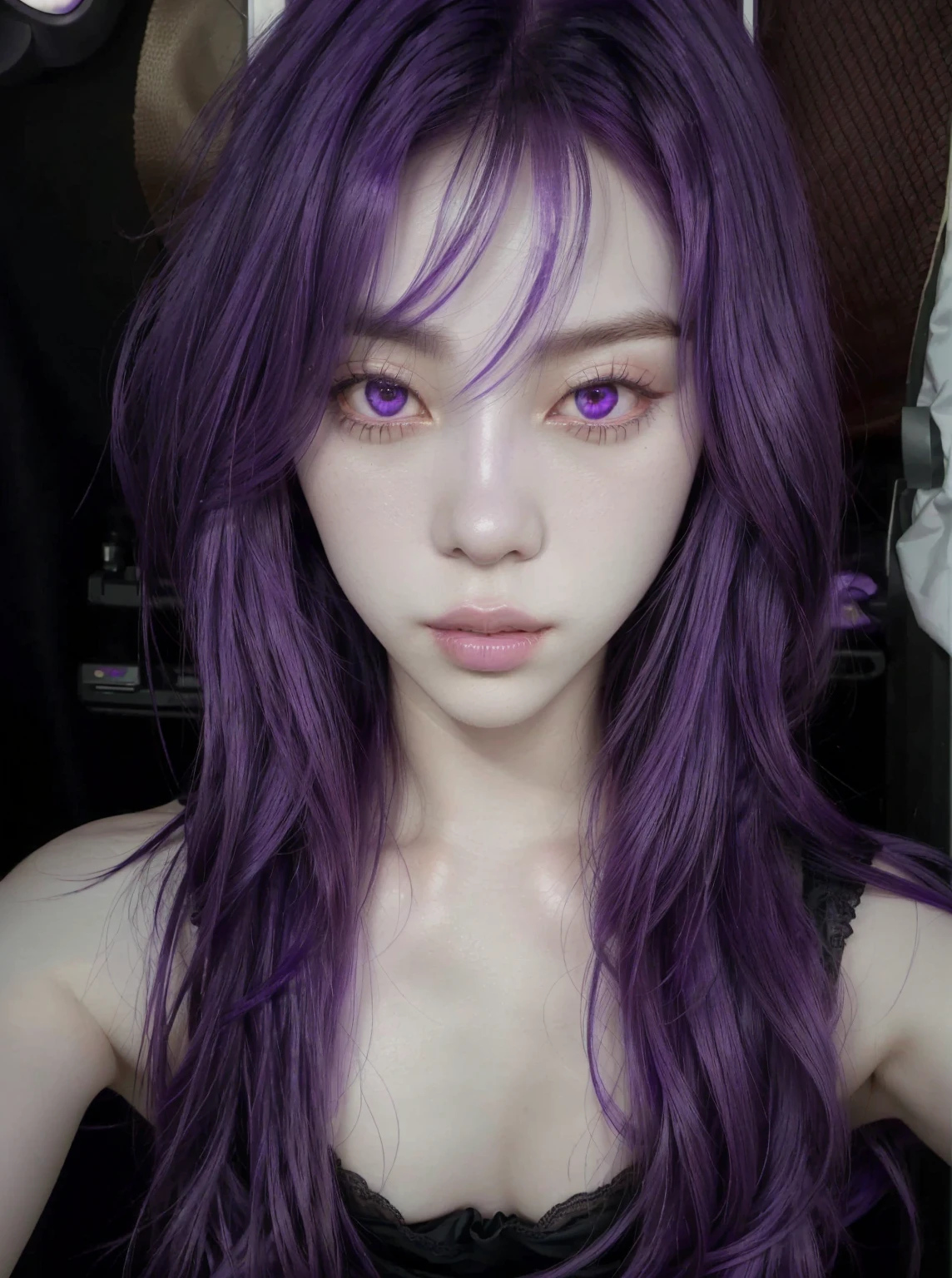 arafed asian woman with long purple hair and a black bra top, purple skin color, ulzzang, purple flowing hair, violet hair, violet long hair, violet color, purple hair, violet skin, hair coloring, smooth purple skin, purple long hair, purple color, pink violet light, flowing purple hair, purple head, purple aethetic soft purple hair