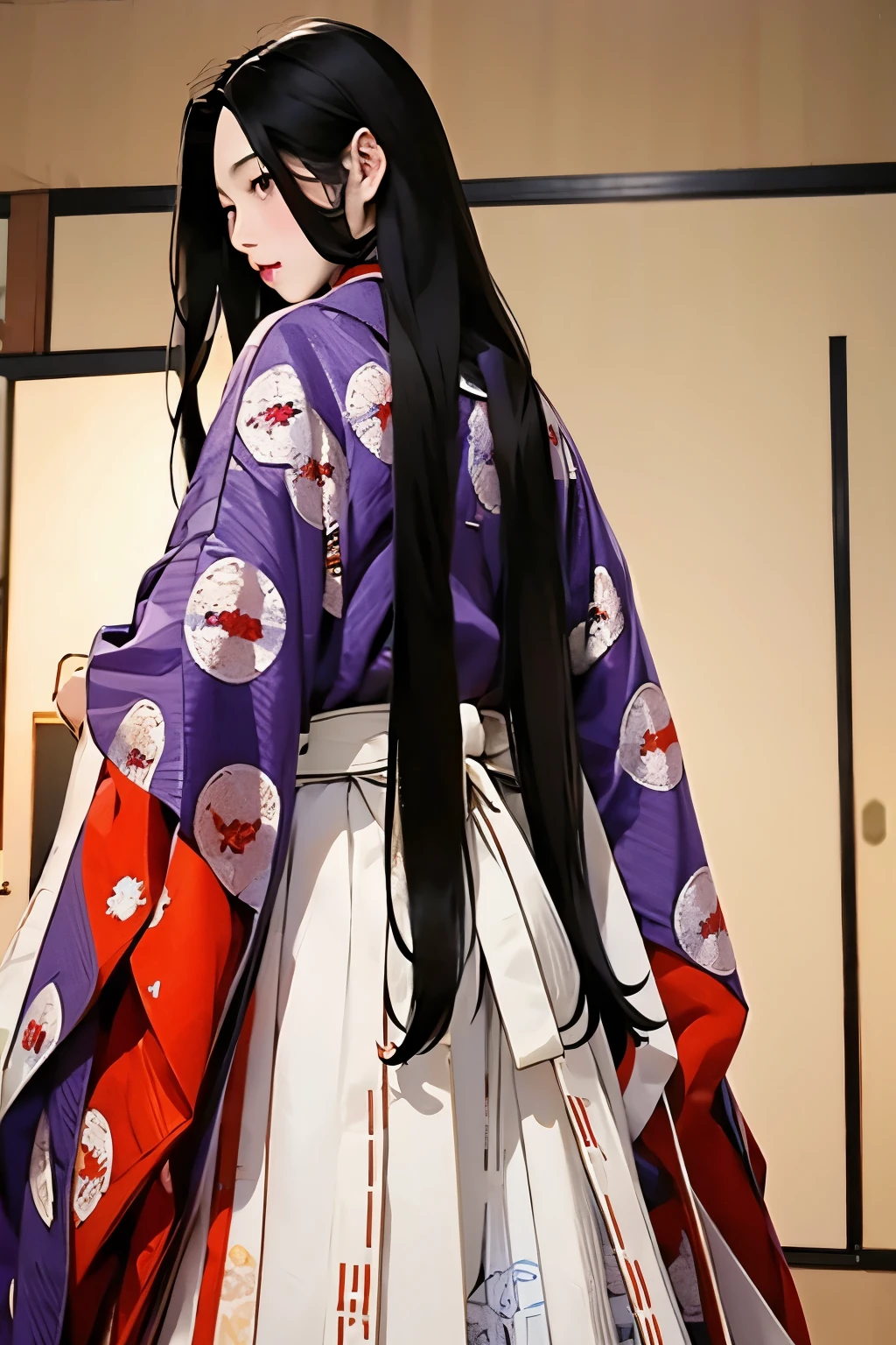 (masterpiece, best quality:1.2), 1girl, juni-hitoe, solo, from behind, very long black hair, purple-red karaginu,  white mo-skirt, holding (open hiogi), blur the background, sodeguchi accurate depiction, no back ground,