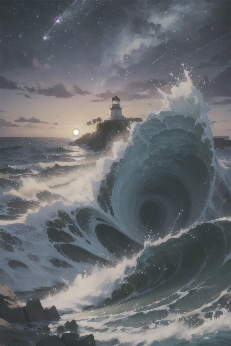 Vibrant and dynamic illustrations and vectors, a picturesque 1lighthouse standing tall on a small island, detailed waves crashing on the shore,night,starry sky,shooting star, vibrant colors, dynamic composition, digital painting, Studio Ghibli-inspired, cozy lighting, whimsical atmosphere, by Junji Ito and Hayao Miyazaki, artstation trending, 4k resolution. Masterpiece. Suzume