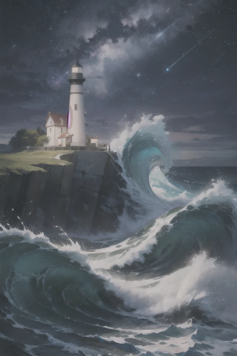 Vibrant and dynamic illustrations and vectors, a picturesque 1lighthouse standing tall on a small island, detailed waves crashing on the shore,night,starry sky,shooting star, vibrant colors, dynamic composition, digital painting, Studio Ghibli-inspired, cozy lighting, whimsical atmosphere, by Junji Ito and Hayao Miyazaki, artstation trending, 4k resolution. Masterpiece. Suzume