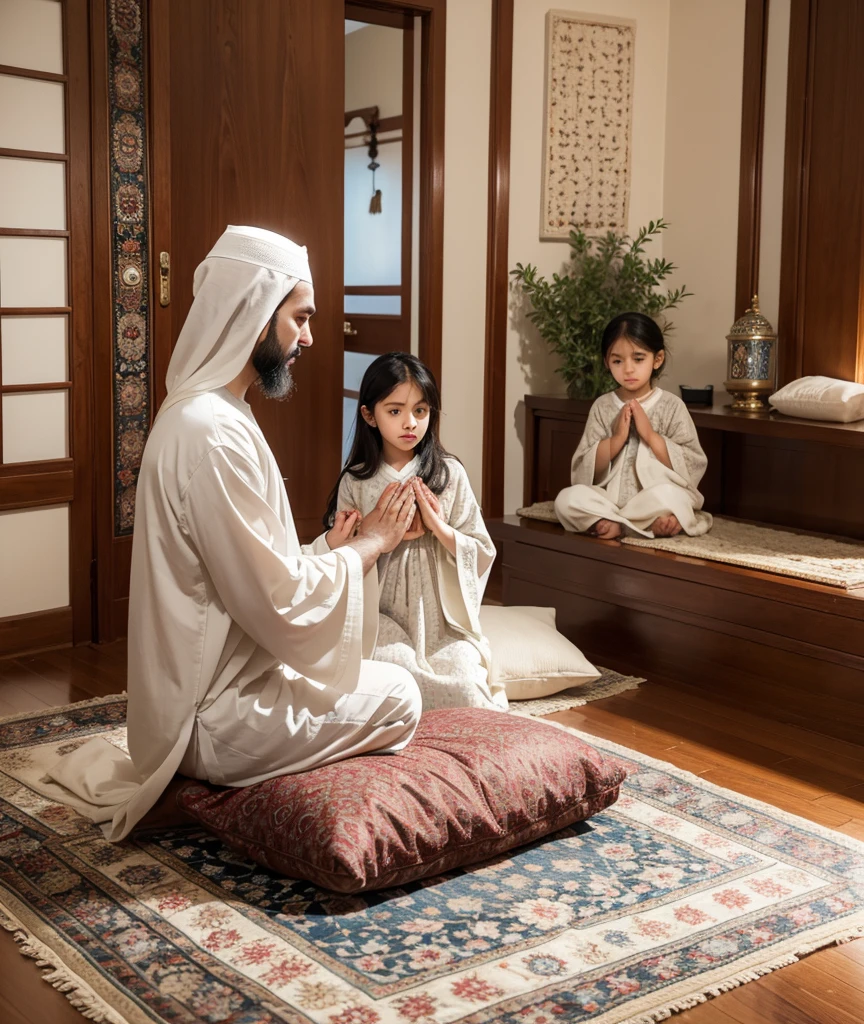 A serene and reverent scene of a Muslim family performing Salah (prayer) together in their home. The father leads the prayer while the mother and children follow, all dressed in modest clothing. The room is peaceful and simply decorated, with a prayer rug and a few Islamic calligraphy pieces on the wall. The lighting is soft and warm, creating an atmosphere of devotion and unity. Epic details, hyper detail, 8k, ultra sharp, UHD.