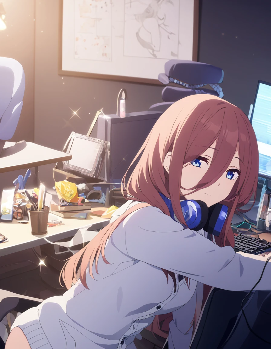 (A girl lounging in her bedroom), (a PC monitor turned on, a gaming chair), (a cluttered room), (fetal position), (perfect face), Sparkling, (masterpiece, best quality), (absurdres absolutely resolution), (8k), (detailed illustration), (super fine illustration), (professional lighting), (vivid color), detailed beatiful face, detailed beatiful eyes, detailed beatiful hair, perfect body, perfect hands, dynamic pose, dutch angle}, , looking at viewer, miku nakano, long hair, bangs, blue eyes, brown hair, shirt, hair between eyes, cardigan, headphones around neck, mature female, medium breasts