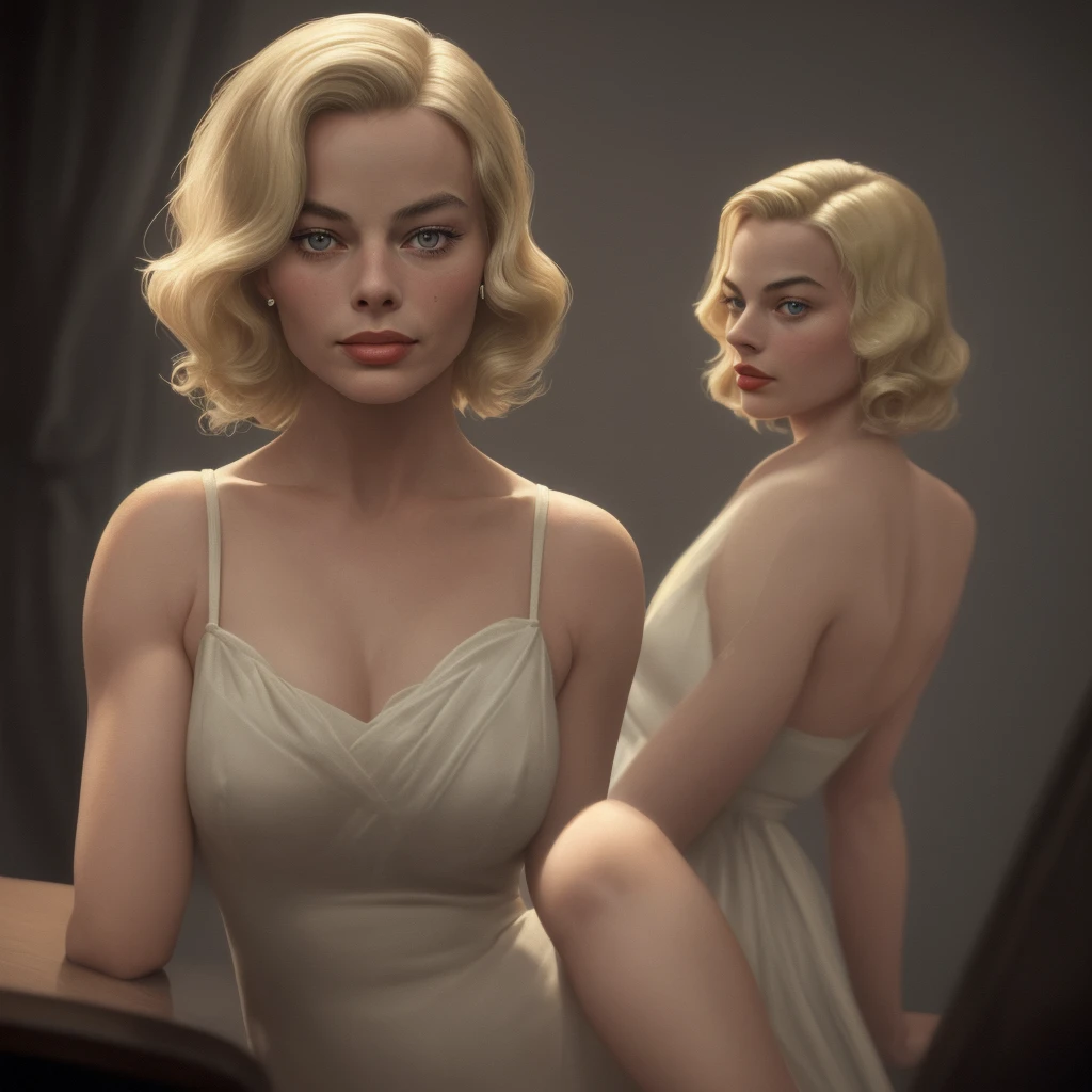 An American woman in a 1930s setting, resembling Margot Robbie, blonde, looking straight ahead, photorealism, noir lighting, focus on face, Portrait, 4K