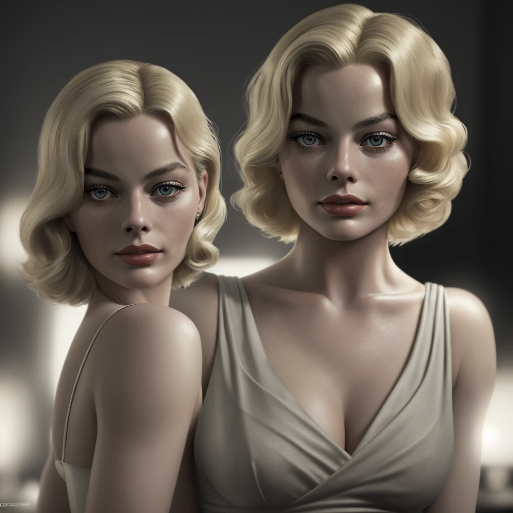 An American woman in a 1930s setting, resembling Margot Robbie, blonde, looking straight ahead, photorealism, noir lighting, focus on face, Portrait, 4K