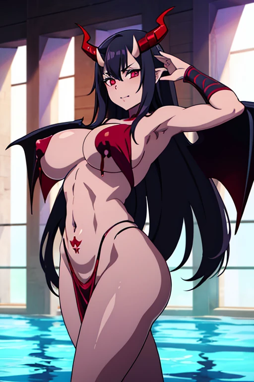 1girl, mature, solo, naked,tail, demon, horns, demon wings, big tits, pierced nipples, colored skin, redskin, black hair, long hair, (ojos amarillos) (obra maestra, la mejor calidad, altamente detallada