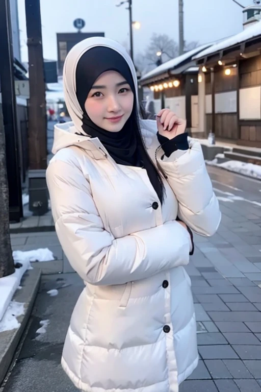 Best quality, 4K, 8K, Detailed faces,fully body photo, Clear face, Japanese muslim girl, 21 years old girl, Perfect body figure, Long slim legs, Pasmina hijab, Long down jacket with hood, Fur trim jacket, White jacket, Snowy Tokyo background 