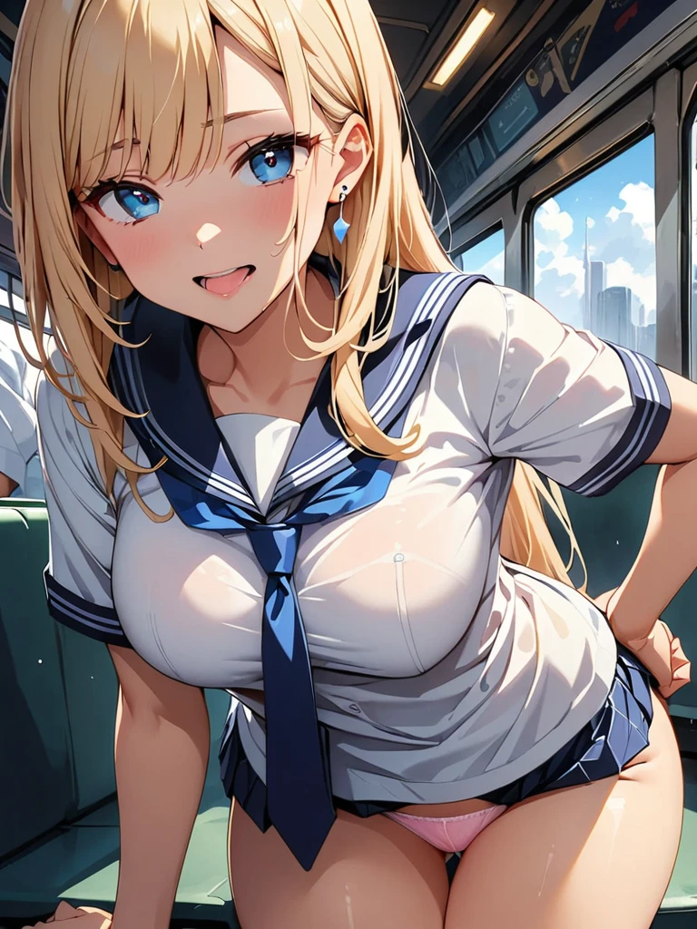 highest quality,wonderful,finely,Very detailedな CG ユニティ 8k 壁紙、(Several salarymen are sitting on the train:1.3),Station platform、whole body, (Sailor suit), (See-through underwear:1.3),(Butt crack:1.2),(Black Stockings:1.1),(Thighs:1.2),(Hip close-up shot:1.2),(1 on all fours.5)、(Open your ass yourself:1.4), (highest quality:1.2, Anime artwork, Very detailed, High detail, digital coloring, High Contrast, masterpiece:1.2, highest quality, Best aesthetics), (((kitagawa marin, 1 girl))), Blonde Hair, Straight Long Hair, Pink gradient hair, Red eyes, Earrings, White shirt, Black choker, Blue tie, Check skirt, Wet vagina、Semen overflowing from the vagina、Open your mouth wide、Sticking out your tongue