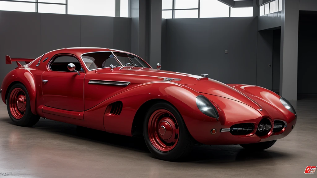 retrofuturism red sports car coupe 1940s