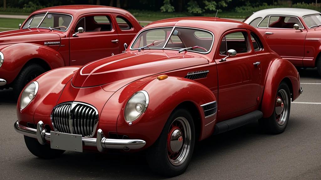 retrofuturism red sports car coupe 1940s