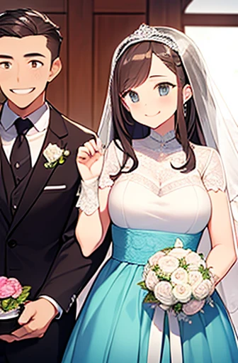 Couple holding a pot lid,masterpiece,Super detailed,highest quality,smile,wedding style,