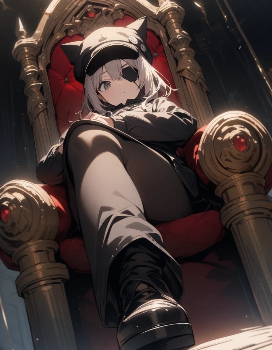 One girl, Cat hat,  Sitting, Crossing your legs, Black eyepatch, Throne, Looking down, From below, View Viewer, Outdoor, masterpiece, highest quality, so beautiful, Absurd