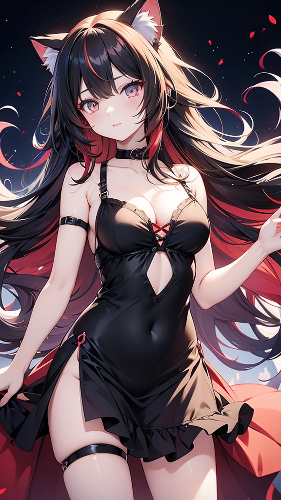 Anime girl
Black long wavy multicolored_hair(rainbow gradient hair)
Red colored eyes
Cute
Sexy girl
Solo girl
1 girl
Beautiful breasts
Wearing cat keyhole lingerie