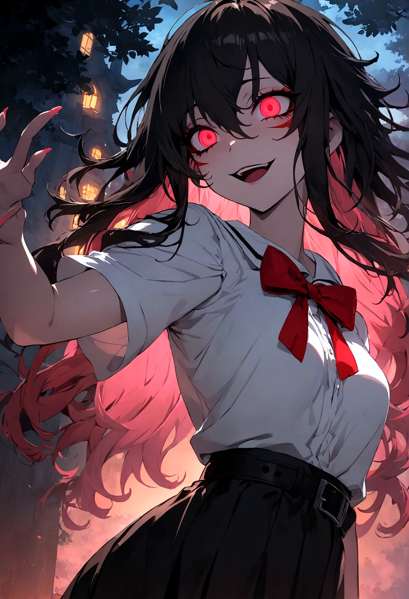masterpiece, best quality, official art, extremely detailed CG unity 8k wallpaper, highly detailed, absurdres, Picturesque scenery of trees in the background, Peaking behind a tree during the night, exquisite facial features, Glowing red eyes, Yandere crazy eyes, Perfect fingers, perfect face, (sharp eyeliner, eyeshadow, detailed eyes:1.1), (Long waist length Black messy hair), (Small breasts), Perfect skin, shiny skin, female, solo, Wide laugh, White School top, Red bow, Black belt, Black skirt