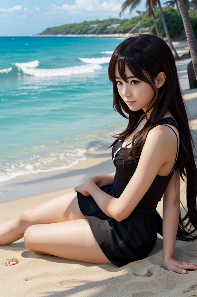 Yuri doki doki literature club, Black dress, sitting on a beach, anime style