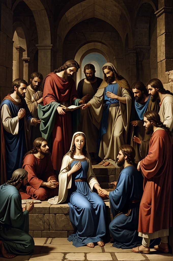 Mary present in prayer with the apostles and disciples after the ascension of Jesus.