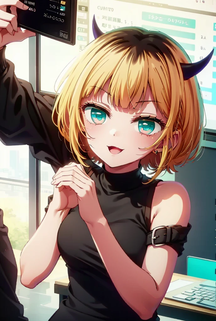 memcho, memcho, Long Hair, Blonde Hair, Multicolored Hair, horn, bangs, Brown Hair, Black Hair, blunt bangs, Two-tone hair, (Aqua Eye:1.3), :3,happy smile, smile, Open your mouth,Black-rimmed glasses,
Cold shoulder tops,Short sleeve,skinny pants,Stiletto heels,There is a computer on the table,So that the whole body goes into the illustration,Chair,walking,Daytime,
Break indoors, office,
壊す looking at viewer, Systemic
break (masterpiece:1.2), highest quality, High resolution, unity 8k wallpaper, (figure:0.8), (Beautiful fine details:1.6), Highly detailed face, Perfect lighting, Highly detailed CG, (Perfect hands, Perfect Anatomy),
