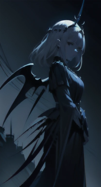Queen Ophelia, spiked wings, sharp talons, silver hair, dark castle, obsidian armor,