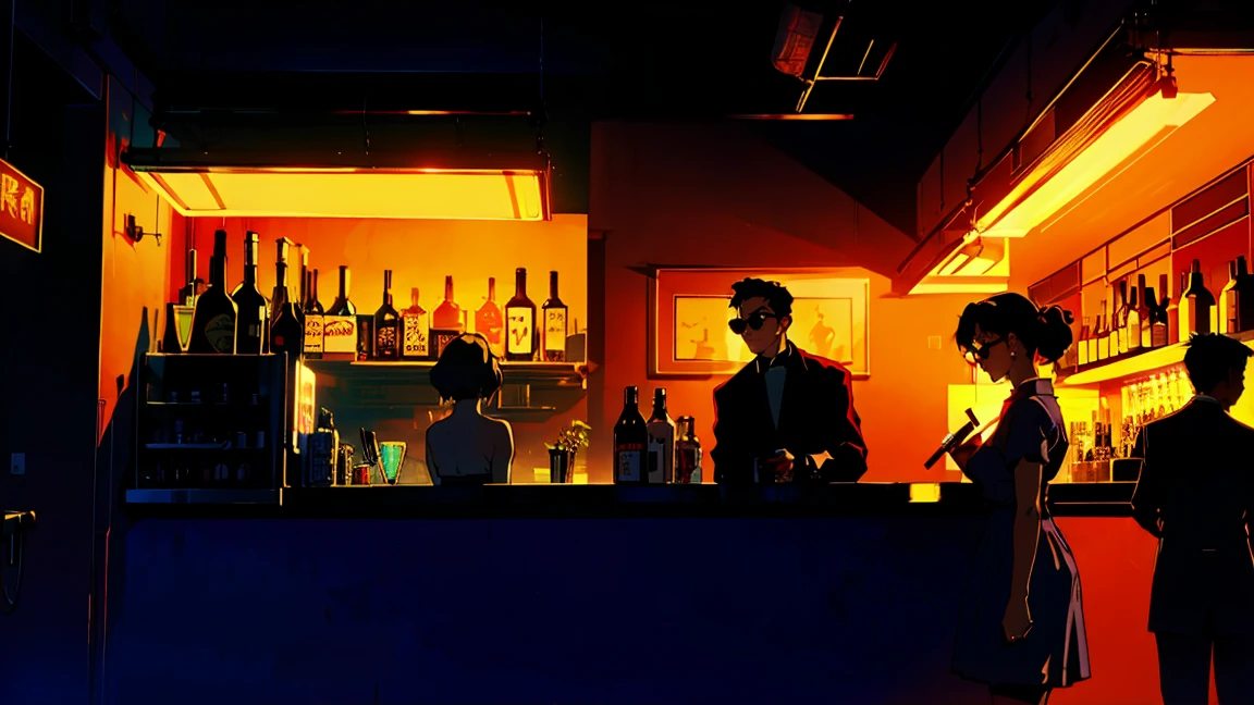 Bar counter at night, Beautiful Asian Girl, Night view from the window, Perfect Face, sunglasses, Smoking white Taylormade cigarettes, Neon Black, (Backlight: 1.1), Hard Shadows, masterpiece, highest quality, Complex, Model shooting style, Vintage, Film Grain,