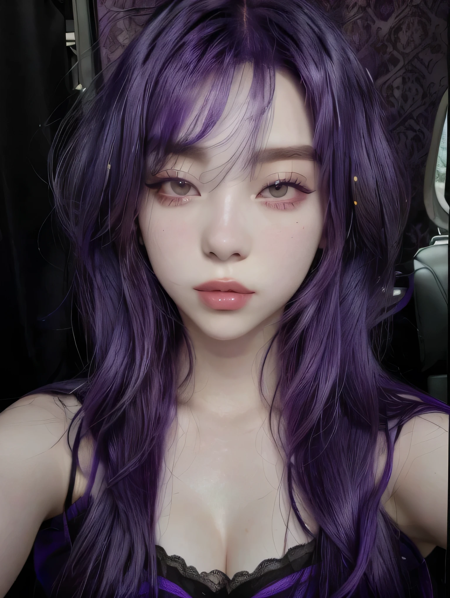 arafed asian woman with long purple hair and a black bra top, purple skin color, ulzzang, purple flowing hair, violet hair, violet long hair, violet color, purple hair, violet skin, hair coloring, smooth purple skin, purple long hair, purple color, pink violet light, flowing purple hair, purple head, purple aethetic soft purple hair (BIG LIPS)