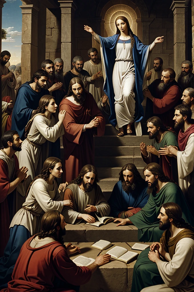 Mary present in prayer with the apostles and disciples after the ascension of Jesus.
