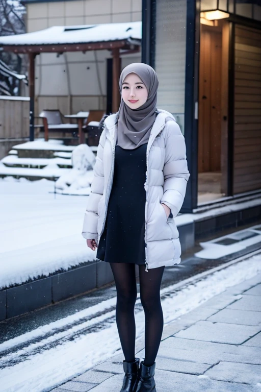 Best quality, 4K, 8K, Detailed faces,fully body photo, Clear face, Japanese muslim girl, 21 years old girl, Perfect body figure, Long slim legs, Pasmina hijab, Long down jacket with hood, Fur trim jacket, White jacket, Snowy Tokyo background 