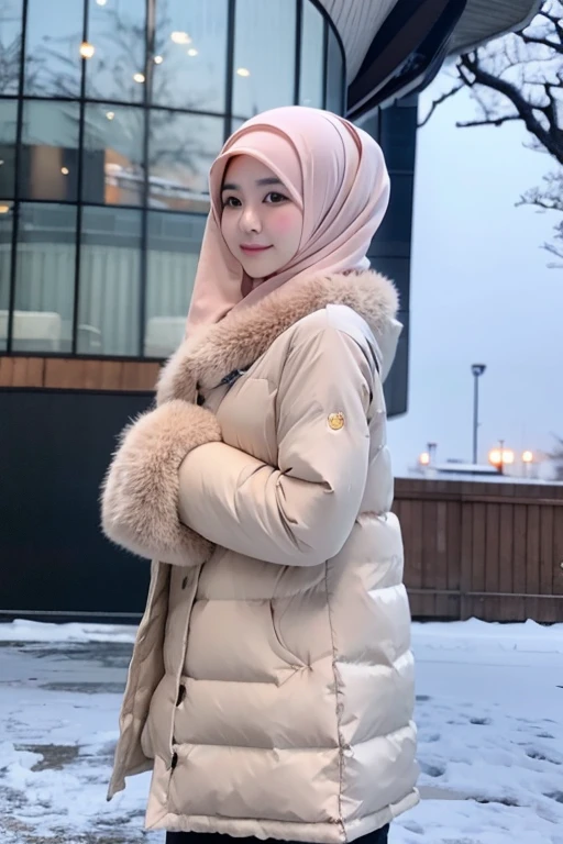 Best quality, 4K, 8K, Detailed faces,fully body photo, Clear face, Japanese muslim girl, 21 years old girl, Perfect body figure, Long slim legs, Pasmina hijab, Long down jacket with hood, Fur trim jacket, White jacket, Snowy Tokyo background 