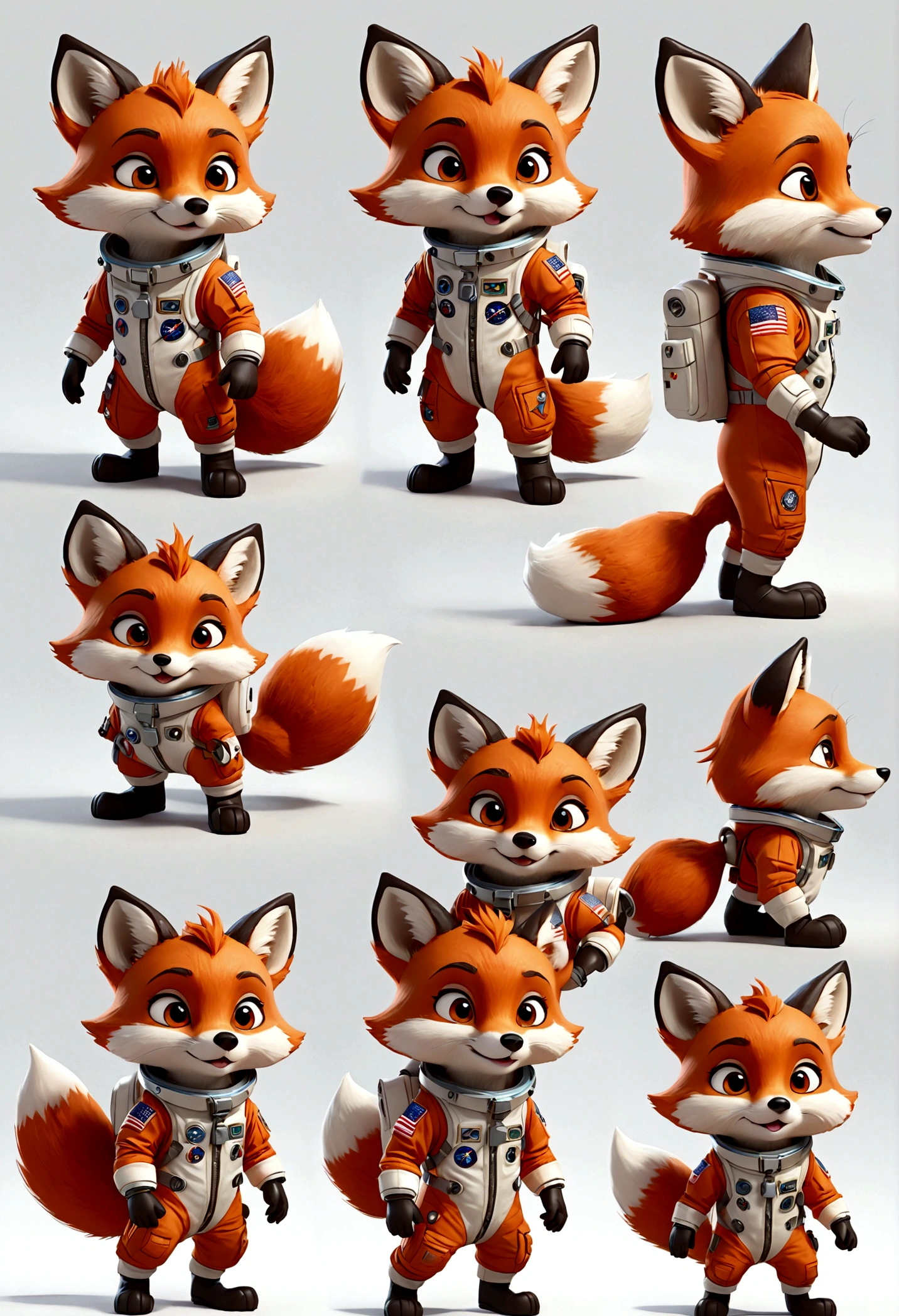 cute anthropomorphic little fox character, Astronaut outfit, multiple poses and expressions, 4 poses, full body, character design, highly detailed, digital art, cinematic lighting, white background, sharp