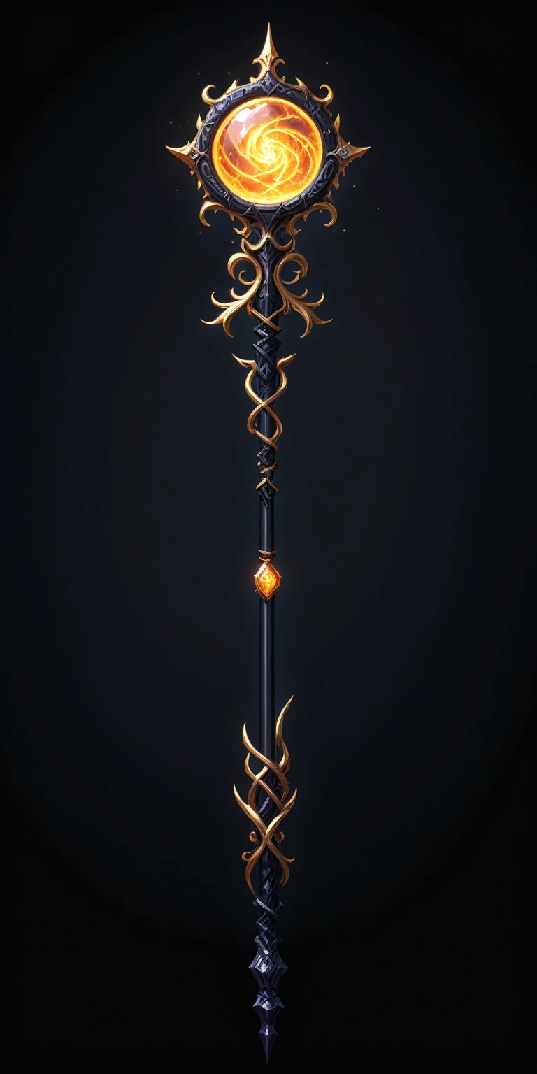 pixel art, cartoon illustration, Divine glavie greatstaff, Powerfull Magical theme, simple black background, RPG game icon 