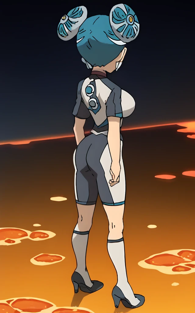 best quality,ultra detailed,solo,1girl,score_9, score_8_up, score_7_up, score_6_up, score_5_up, score_4_up, source_anime, maquia, two-tone hair, aqua hair, aqua eyes, white bodysuit, smile,dark emperors,huge breasts,(behind view,portrait),full body, standing on lava,heavenly ass, heavenly breasts, big ass, no shoes, wearing heels, backside, long legs, showing own ass, lower view