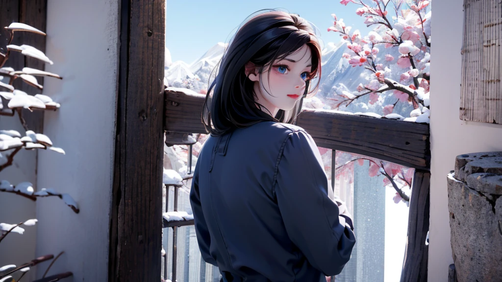 1 girl, medium light black hair, light blue eyes, wearing black suit, night city, 18+ , high res, ultrasharp, 8K, masterpiece, looking from behind
