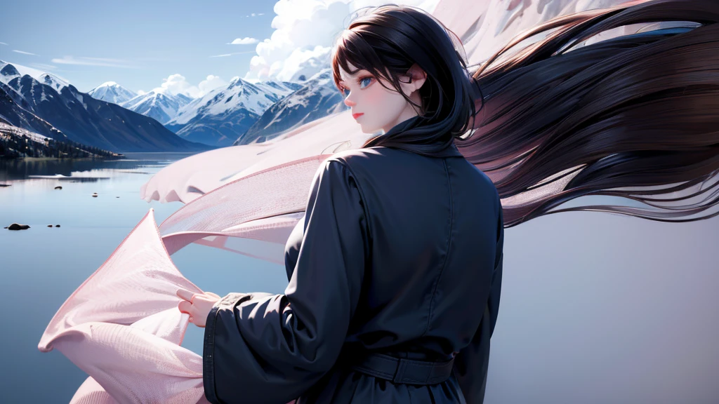 1 girl, medium light black hair, light blue eyes, wearing black suit, night city, 18+ , high res, ultrasharp, 8K, masterpiece, looking from behind