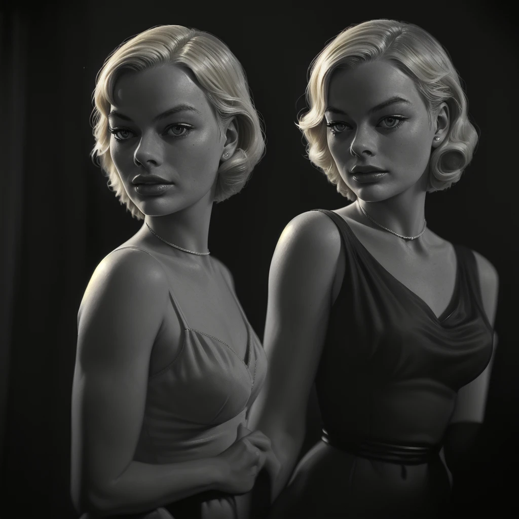 An American woman in a 1930s setting, resembling Margot Robbie, blonde, looking straight ahead, photorealism, noir lighting, focus on face, Portrait, 4K
