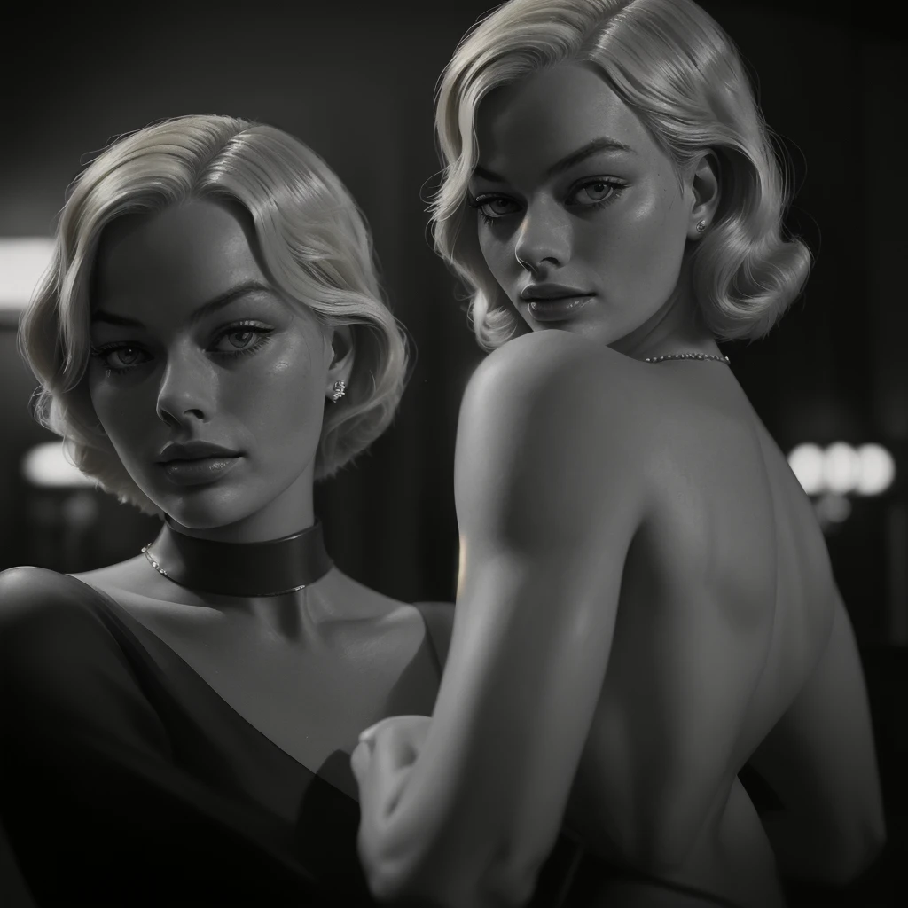 An American woman in a 1930s setting, resembling Margot Robbie, blonde, looking straight ahead, photorealism, noir lighting, focus on face, Portrait, 4K