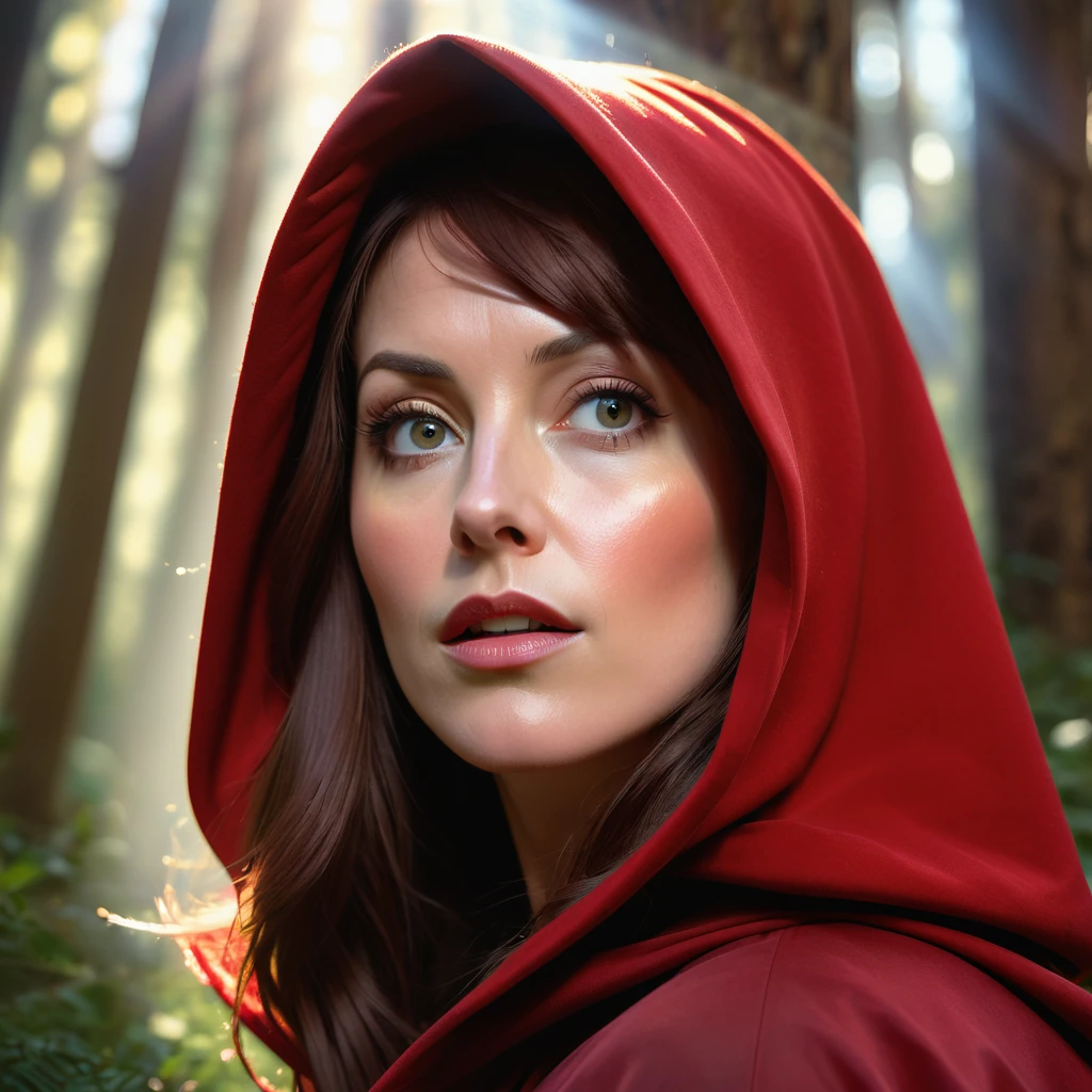 close-up portrait of NewLaraCroft in a forest, (backlight), realistic, masterpiece, highest quality, ((red hooded cloak)), ((scared )), lens flare, shadow, bloom, (( flashes of light)), [chromatic aberration], by Jeremy Lipking, by Antonio J. Manzanedo, by (Alphonse Mucha), digital painting