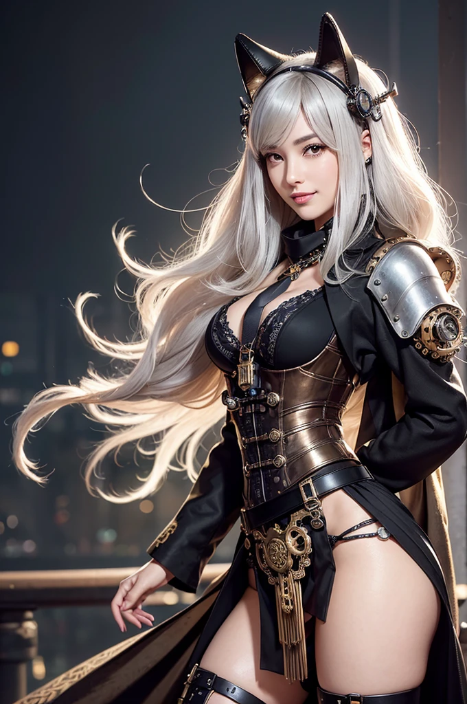 Woman portrait、highest quality、Rear view、8k,Detailed face, clear, Fine skin、Clear, beautiful eyes、whole body、(Curly Hair)、My hair was messed up by the wind、The beauty of a smile、(Glamorous Muscle),(Hip_superior, Hip superior), Mature Woman,( Watching the audience),Realistic, High resolution, Soft Light,1 female, alone, Hipアップ, Glowing Skin, (Detailed face),  smile, Perfect Style, Perfect balance,Platinum gold hair,Long Hair,Naughty look,((Steampunk kimono)),(Steampunk gothic lolita,Black and silver mech, High-tech Mecha,Beautiful steampunk cyborg woman,Steampunk Mecha Cyborg Girl,Black steampunk black and white jacket,Short jeweled tie,wrist cuffs,Gemstone Helmet,belt,fake animal ear、宝石のbelt,High leg,Steampunk scarf,Steampunk collared bellydancer),((arms behind back)),(bokeh),(studio lighting)
