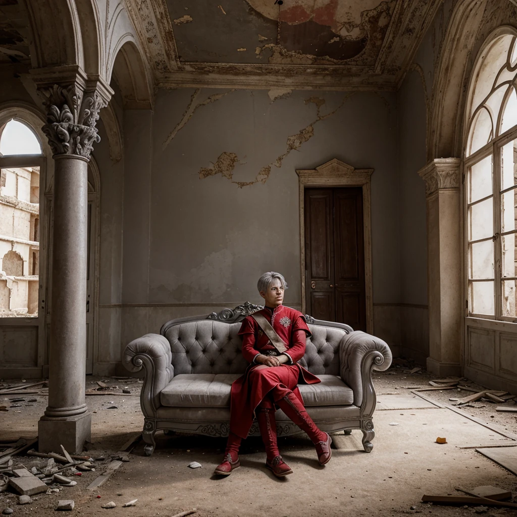 grey-haired, The red-eyed prince sits on a majestic throne inside an abandoned palace. It's dark and gloomy around him., with evil red eyes in the walls and cobwebs hanging there. The throne is richly decorated, with details of gold and precious stones, and covered with a dusty cloth. The protagonist is dressed in royal clothes. when he looks at the horizon with glowing red eyes, masterpiece, Best quality, ultra detailed, illustration, Concept art in 8K resolution, fantasy art, epic art, concept art wallpaper 4K, deep color, daylight, two girls are standing behind, beautiful, one with a purple dress, the second one in a red dress, beautiful.