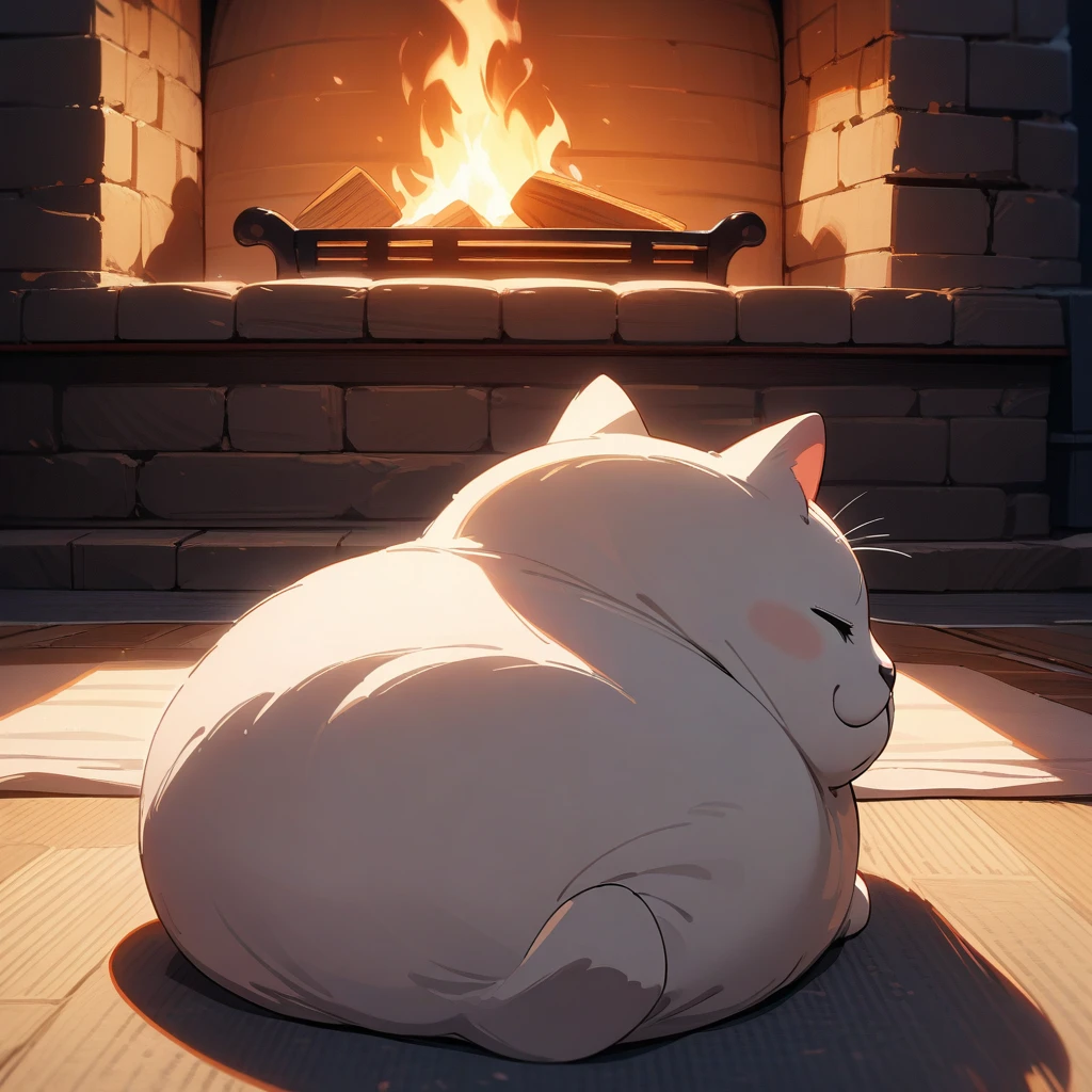 1 cat, a fat cat, in front of the fireplace at dusk, the back view of the cat sleeping curled up in front of the fireplace, the light of the setting sun and dynamic shadows expressing warmth and peace, ((Masterpiece)), ((Best Quality)), (Very Detailed), ((Very Detailed)), 4K, (8K), very aesthetic, absurdres highres,