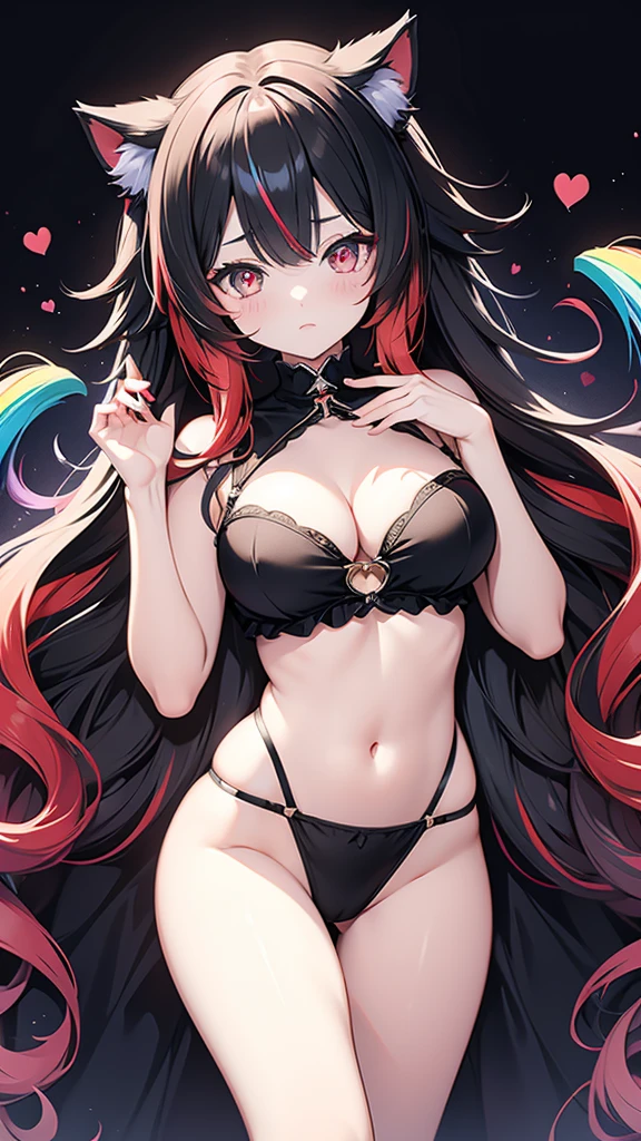 Anime girl
Black long wavy multicolored_hair(rainbow gradient hair)
Red colored eyes
Cute
Sexy girl
Solo girl
1 girl
Beautiful breasts
Wearing cat keyhole lingerie
