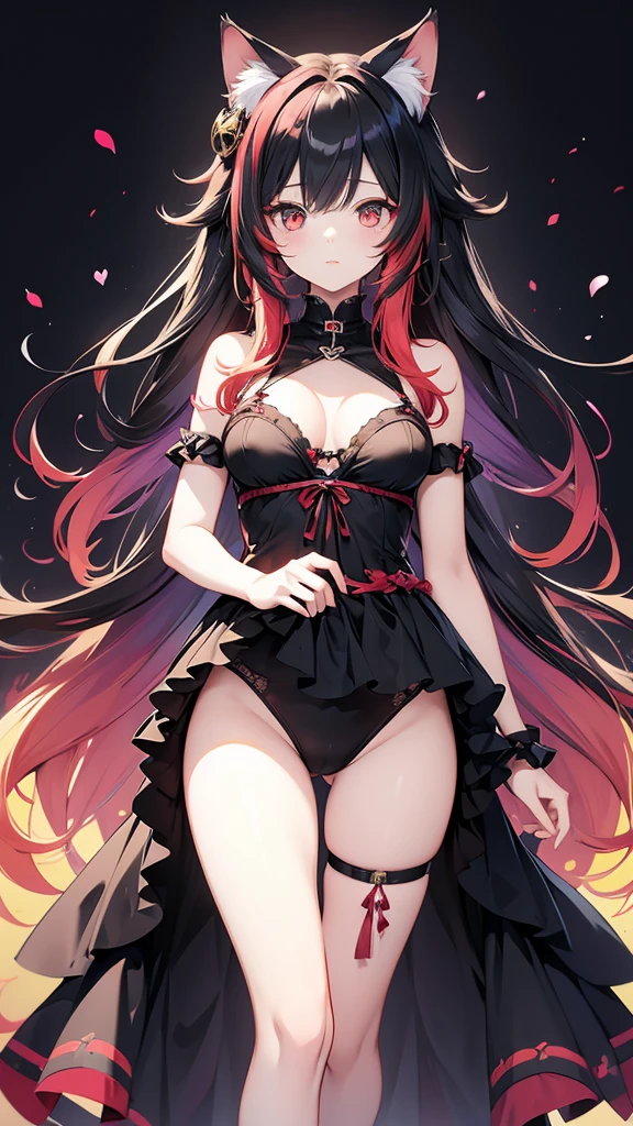 Anime girl
Black long wavy multicolored_hair(rainbow gradient hair)
Red colored eyes
Cute
Sexy girl
Solo girl
1 girl
Beautiful breasts
Wearing cat keyhole lingerie 