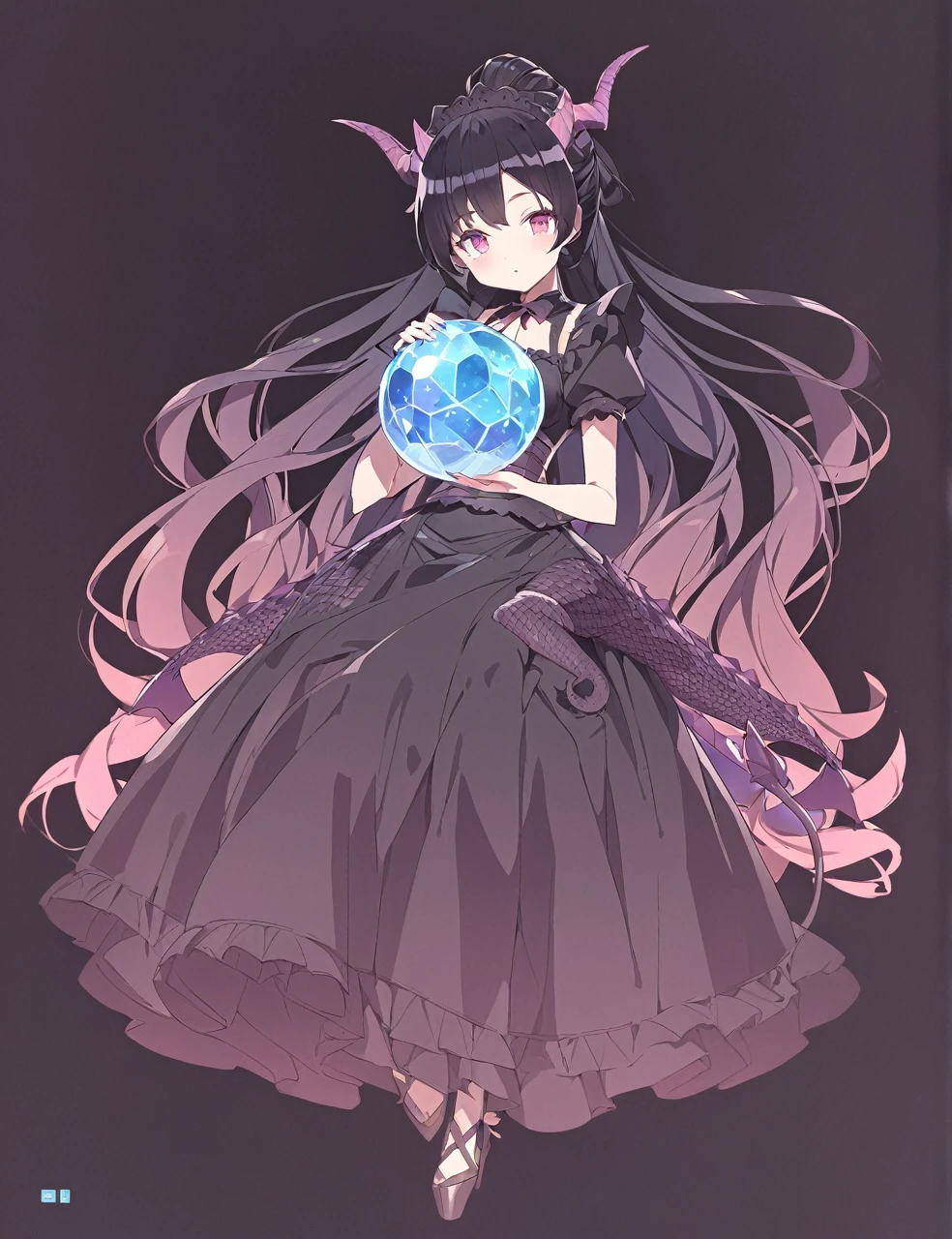 A woman in a black maid outfit　black hair very long hair、Updo　Have a big crystal ball　Princess hairstyle　Full body black　Adult woman with dragon horns and tail