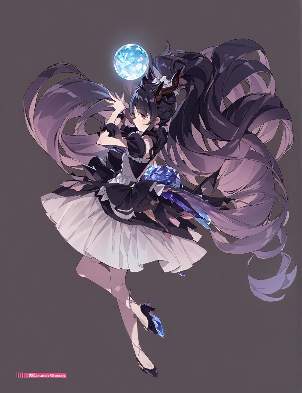 A woman in a black maid outfit　black hair very long hair、Updo　Have a big crystal ball　Princess hairstyle　Full body black　Adult woman with dragon horns and tail