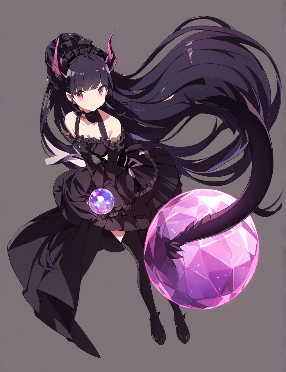 A woman in a black maid outfit black hair very long hair、Updo Have a big crystal ball Princess hairstyle Full body black Adult woman with dragon horns and tail