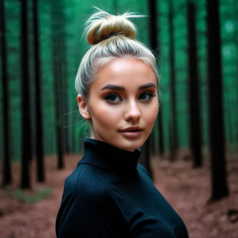 an eye contact of a blond with bun hair and dark theme , cute pose , background forest,.dark theme skaf in face 
