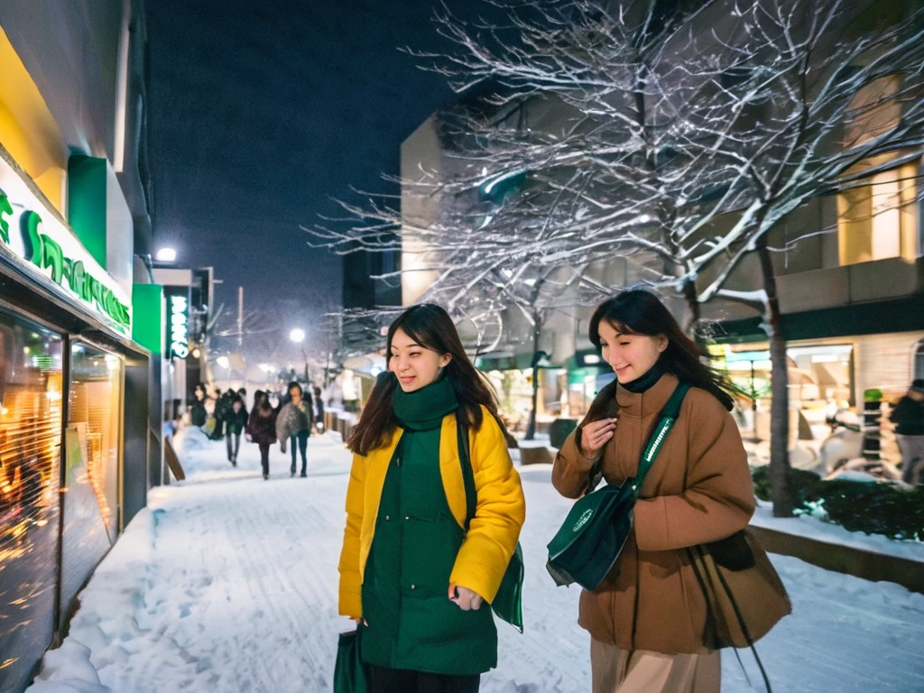 Two girls heading home after thier work is done at Starbucks. It is winter evening (night) time. Location is Kawasaki, Japan.