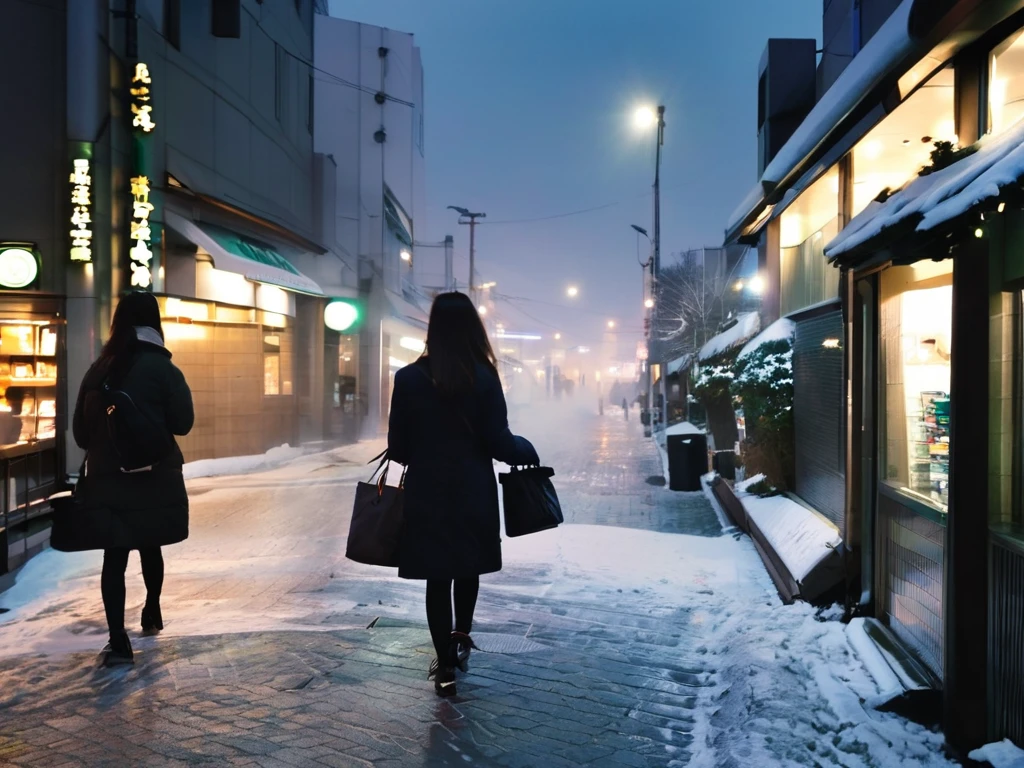 Two girls heading home after thier work is done at Starbucks. It is winter evening (night) time. Location is Kawasaki, Japan.