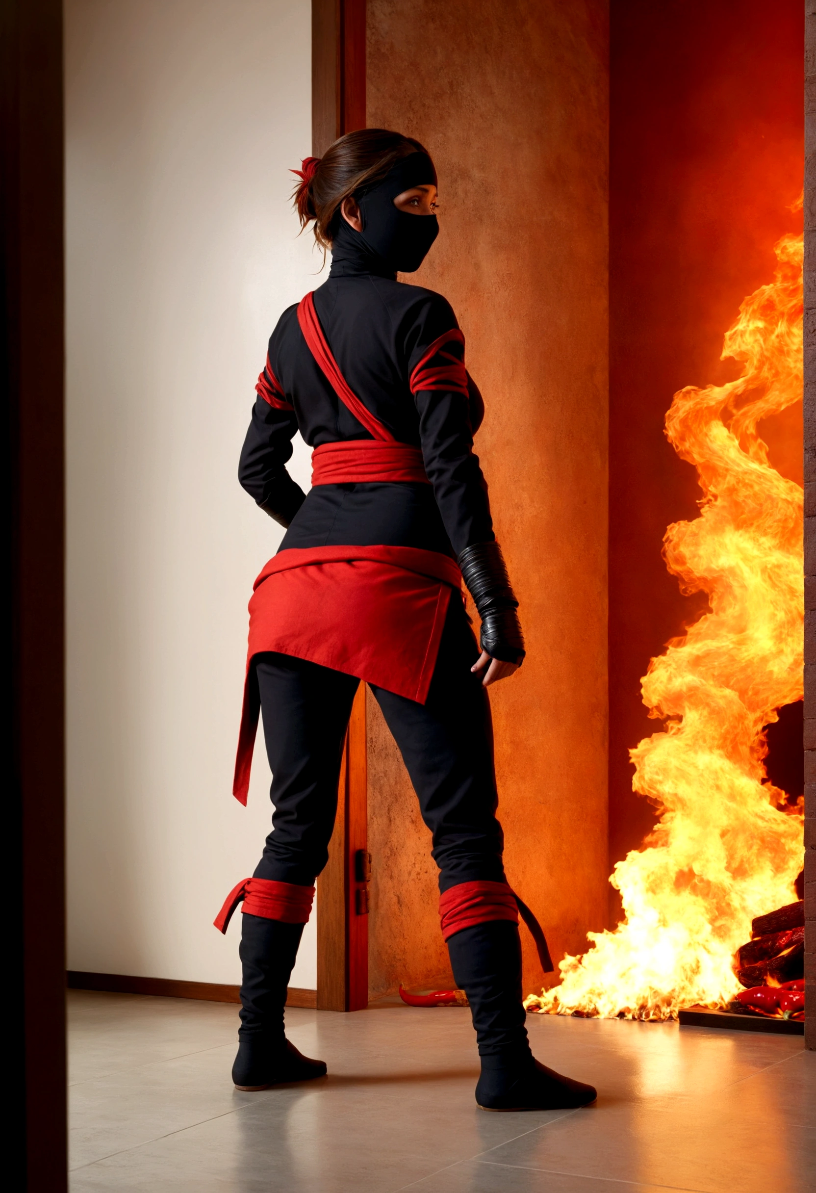 a female ninja holding her bottom, desperately seeking a bathroom, bottom on fire, chili pepper spiced foods in each corner, high quality, 4k, realistic, photorealistic, ultra-detailed, cinematic lighting, dynamic composition, dramatic lighting, vibrant colors, hyper-realistic, intricate details, 3d render, professional photography, masterpiece