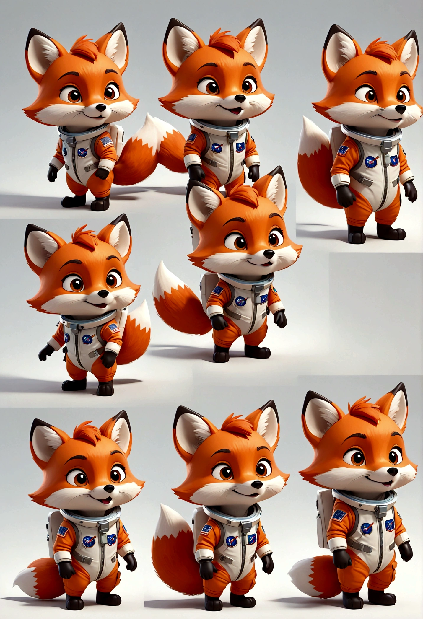 cute anthropomorphic little fox character, Astronaut outfit, multiple poses and expressions, 4 poses, full body, children's book illustration style, simple, cute, artist, full color, 3d model, light and shadow, suit clothes, flat color, white background